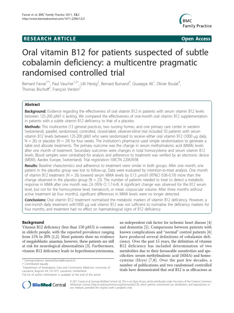 Oral Vitamin B12 For Patients Suspected of Subtle Cobalamin Deficiency