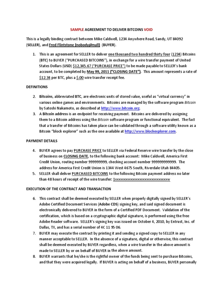 Sample Agreement To Deliver Bitcoins | PDF | Bitcoin | United States Dollar