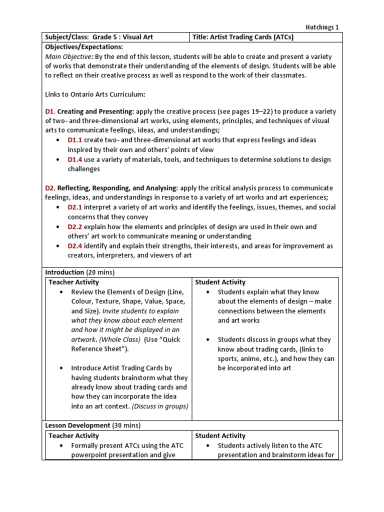 Visual Arts Lesson Plan Grade 5 Acts Lesson Plan Design