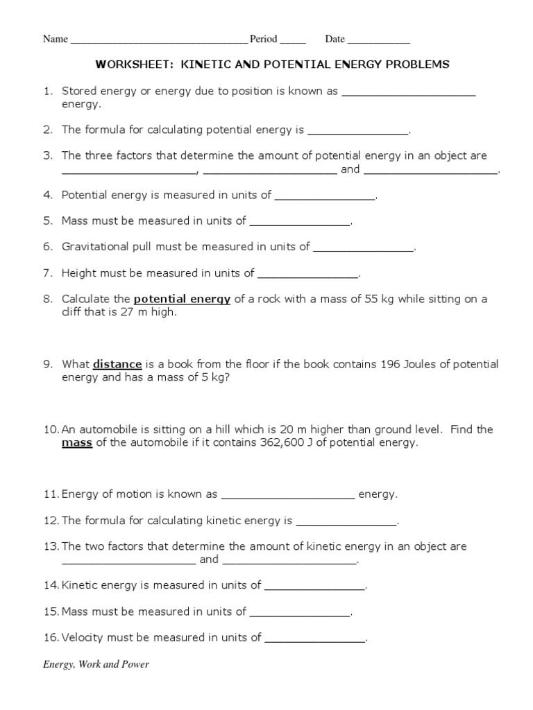 Work and Energy Worksheets | Potential Energy | Kinetic Energy