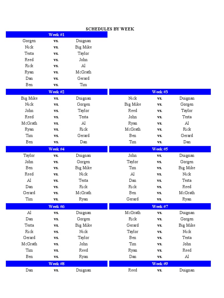 Weekly Matchup Schedule Overview | PDF | Cooking, Food & Wine | Law