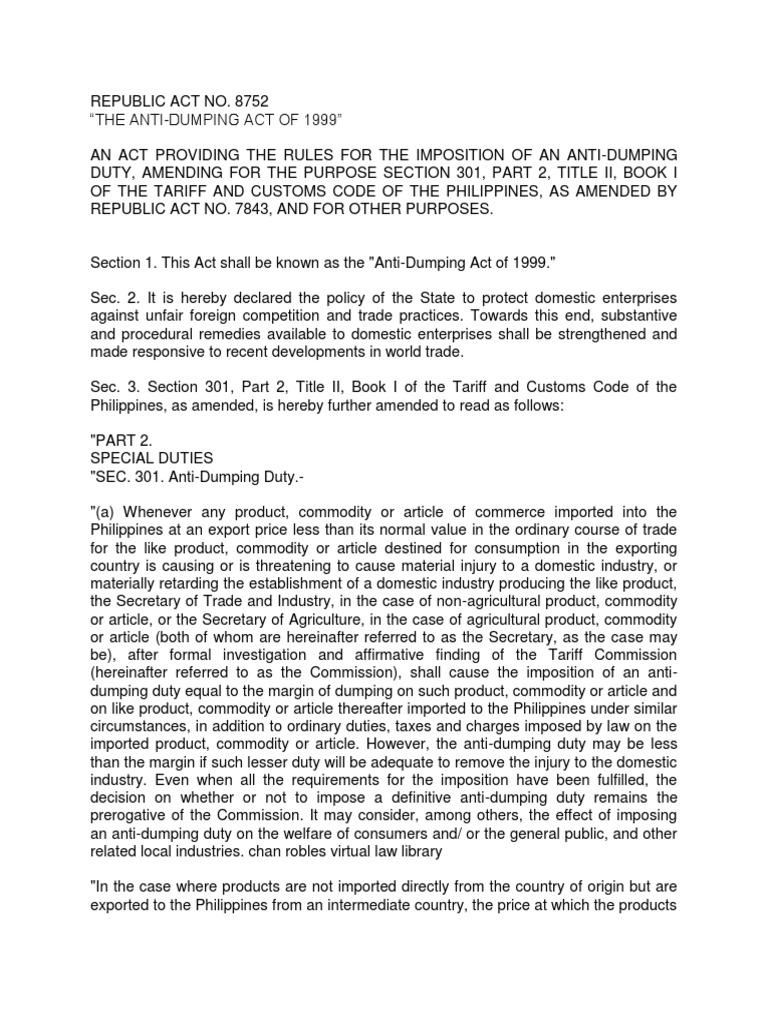Anti-Dumping Act of 1999 Overview | PDF | Dumping (Pricing Policy ...