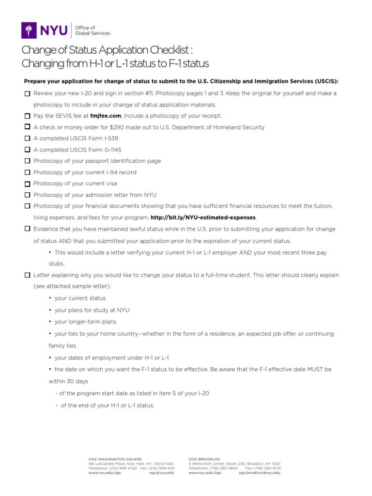 Change of Status Checklist H1L1 To F1 PDF H 1 B Visa Government
