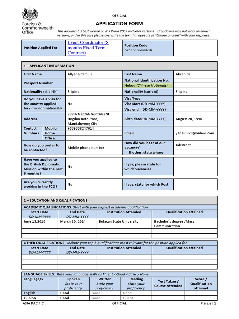 Application Form APAC Disability Employment