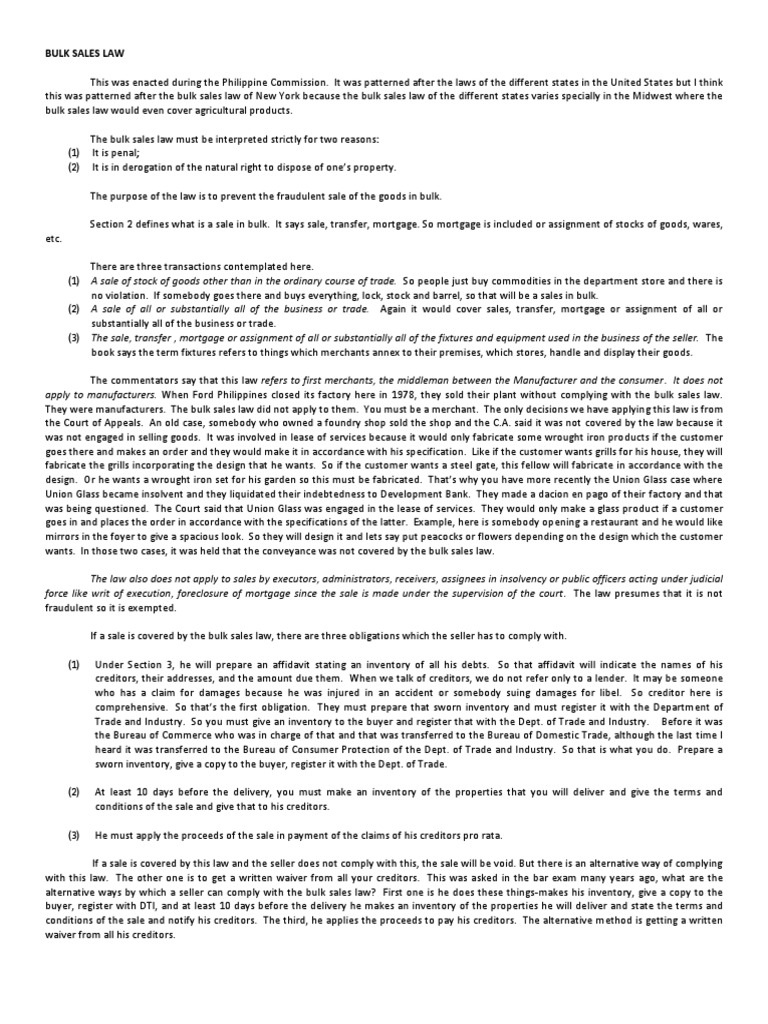 Bulk Sales Law PDF Sales Private Law
