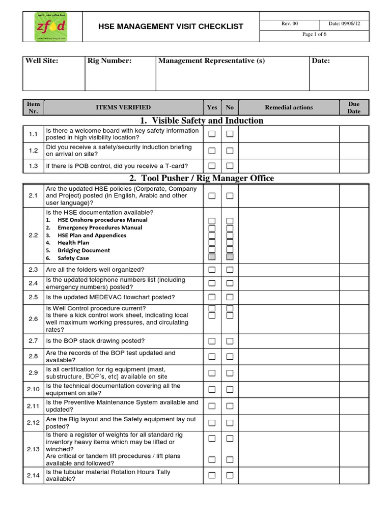 hse site visit checklist