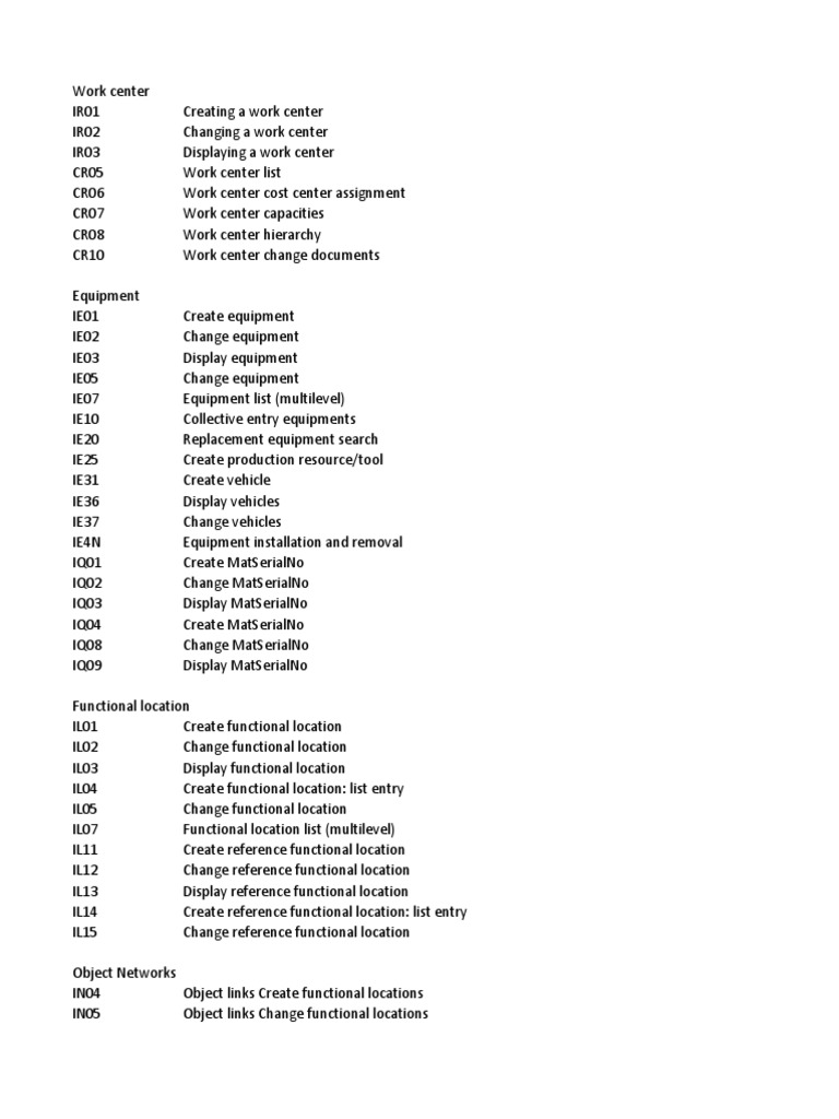 SAP EAM Transaction Codes Overview | PDF | Computing | Computing And ...