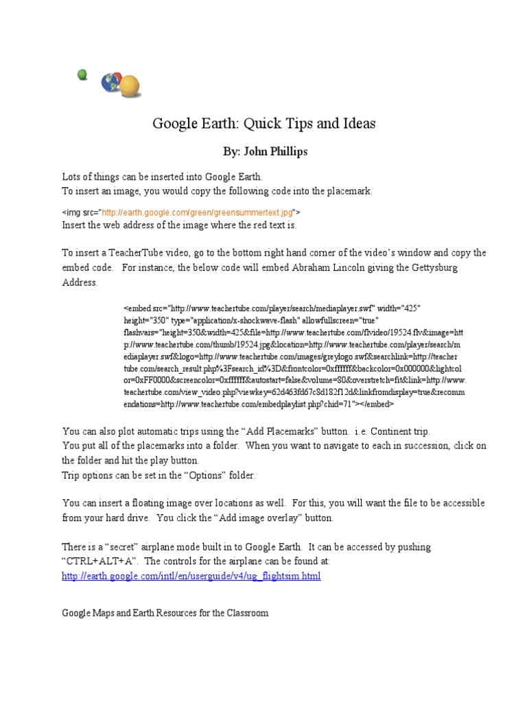 Google Earth Tips & Embedding Guide | PDF | Computers