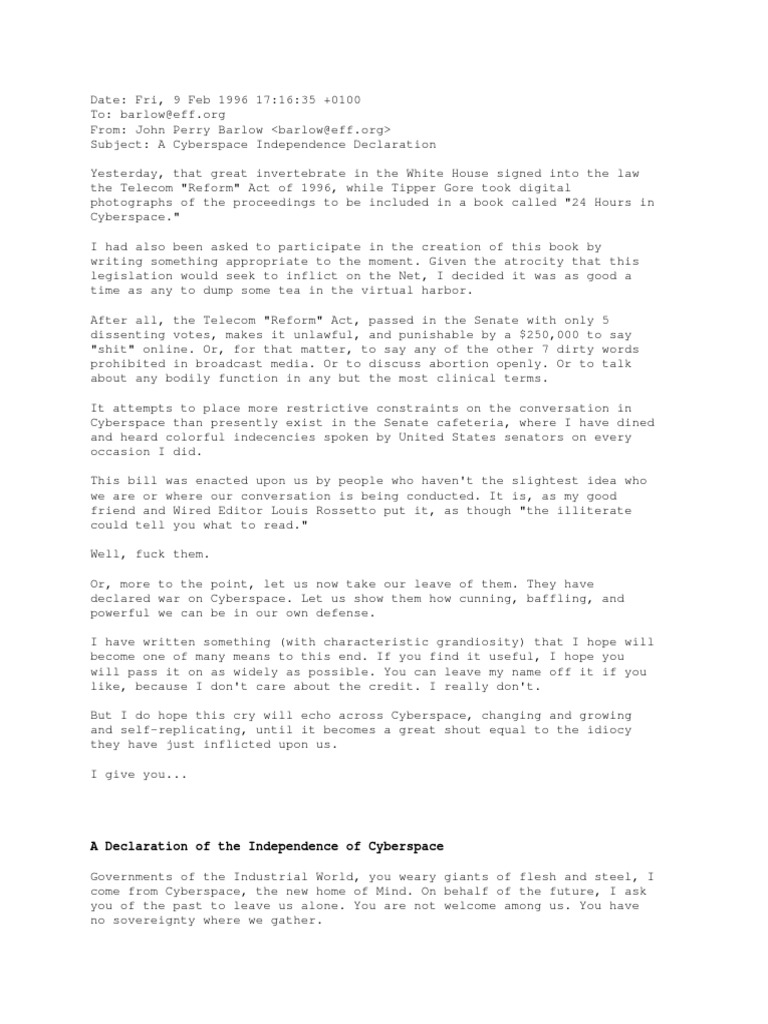 A Declaration of The Independence of Cyberspace PDF