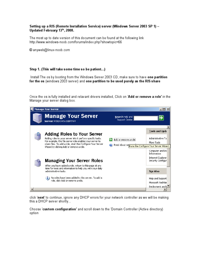 Setting Up RIS on Windows Server 2003 | PDF | Windows Server 2003 ...