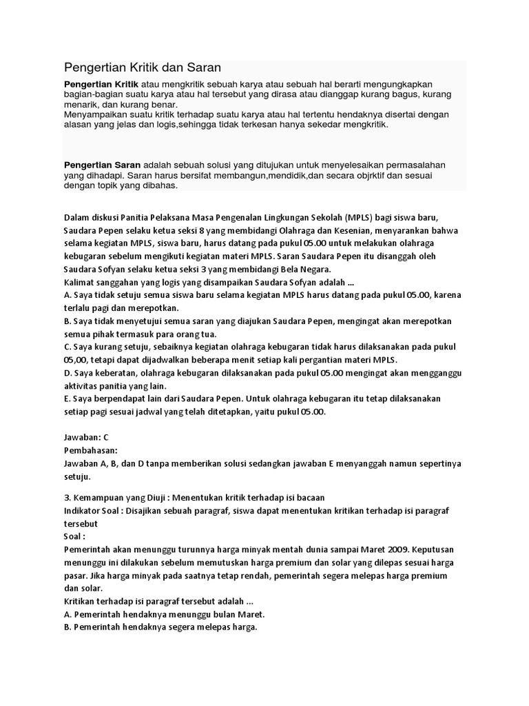 Pengertian Kritik Dan Saran