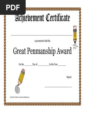 Great Penmanship Award Printable Certificate