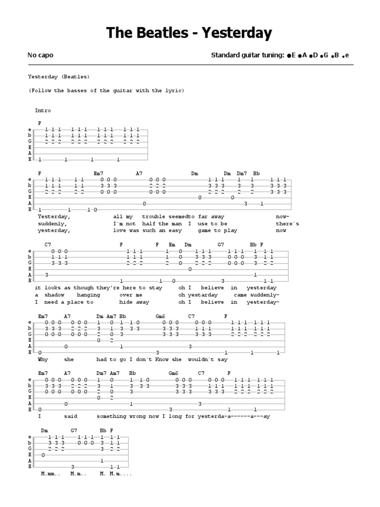 Yesterday Tab by The Beatles (Text Version) - Songsterr Tabs With ...