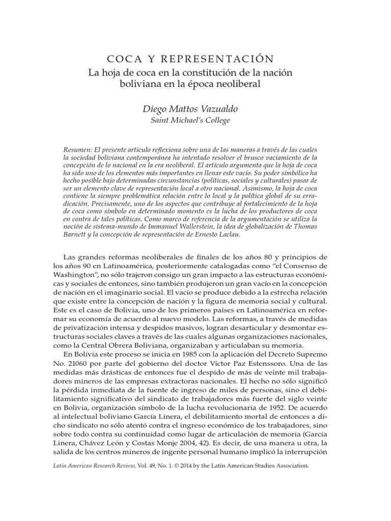 Coca y Representación La Hoja de Coca en La Constitución de La Nación