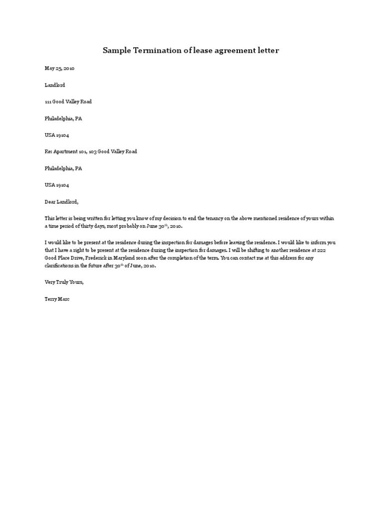 Termination of Lease Agreement Letter | PDF | Lease | Private Law
