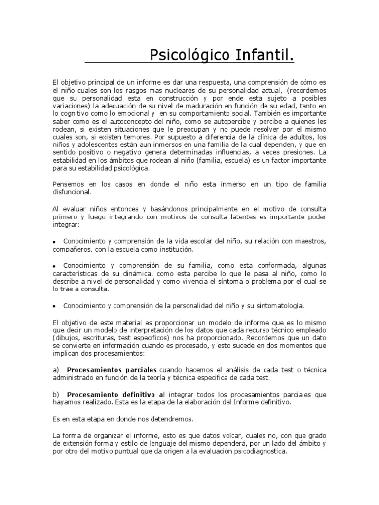 Modelo de Informe Psicológico Infantil | PDF | Sicología | Conocimiento