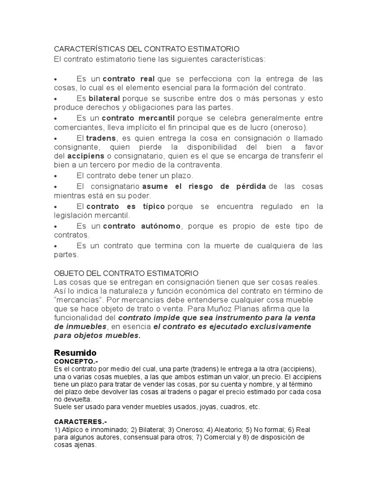 Características Del Contrato Estimatorio