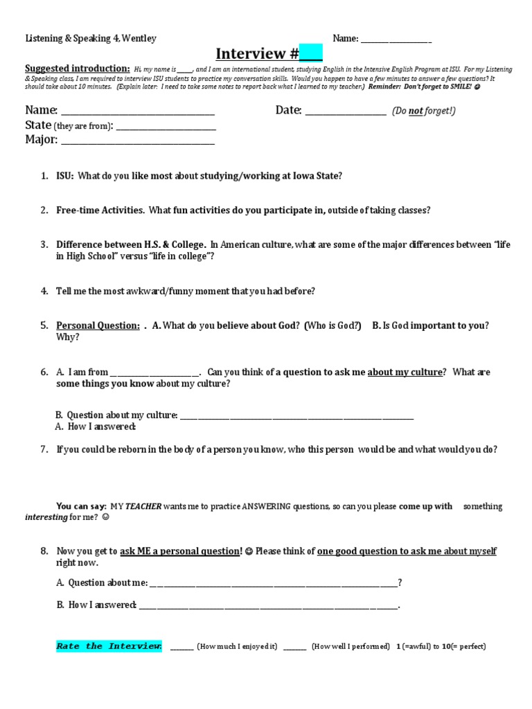 ISU Student Interview Guide for ESL | PDF | Language Arts & Discipline