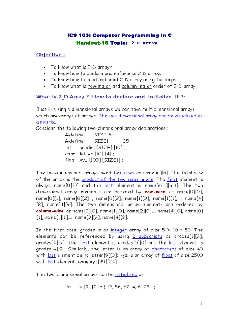 Objective:: ICS 103: Computer Programming in C Topic: 2-D Array ...