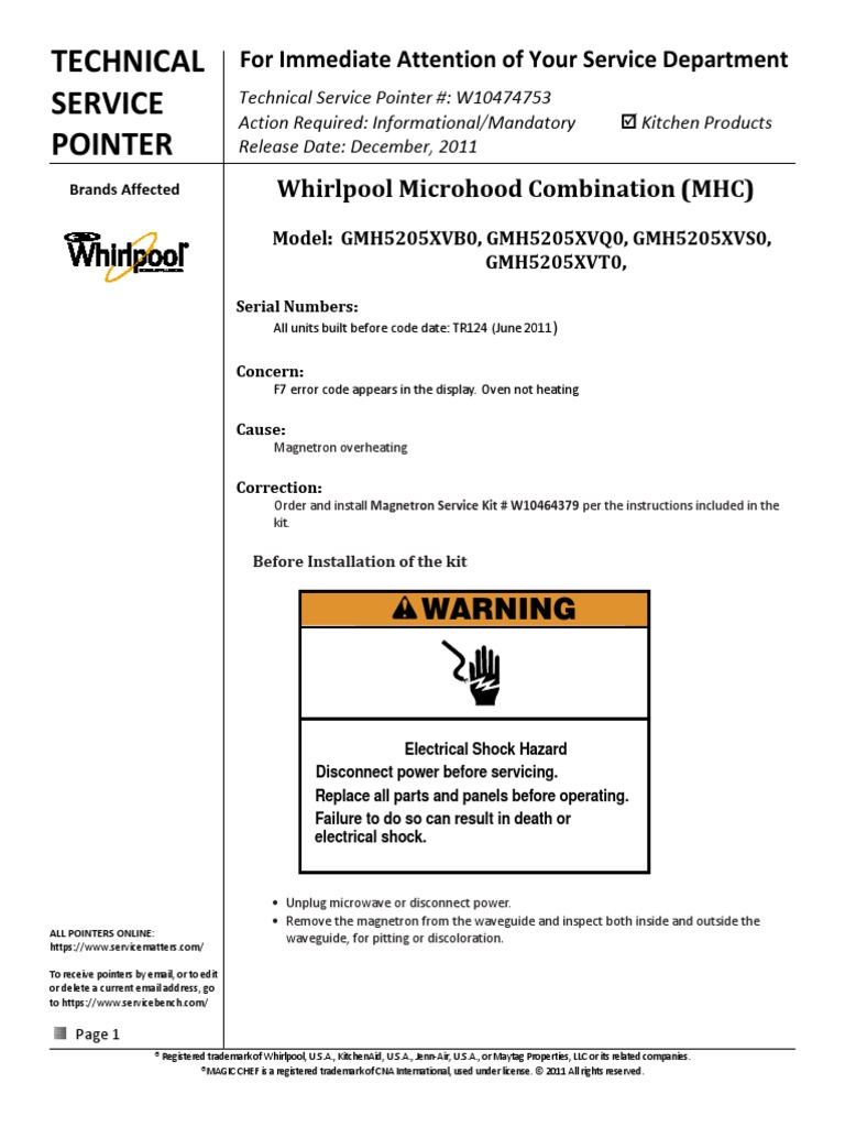 Whirlpool Microhood Combination (MHC) Model GMH5205XVB0, GMH5205XVQ0