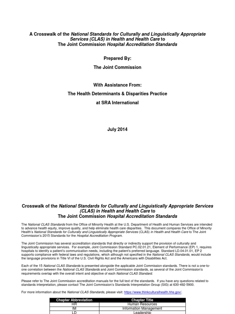 Crosswalk CLAS With Joint Commission Hospital Standards | PDF | Joint ...