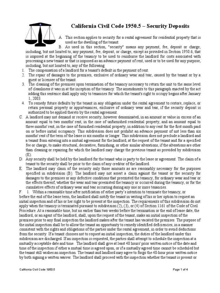 California Civil Code Security Deposits Leasehold Estate Landlord
