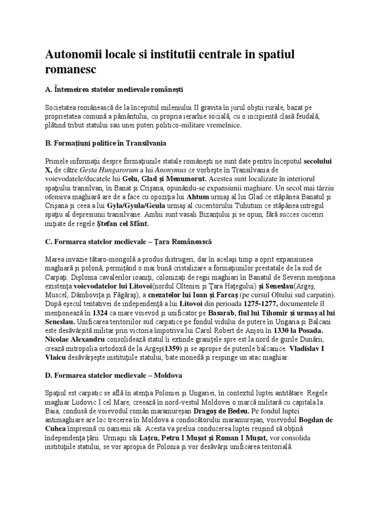 Autonomii Locale Si Institutii Centrale In Spatiul Romanesc Eseu