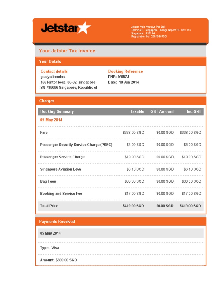 Jetstar asia airways tax invoice for gladys bondoc detailing flight and