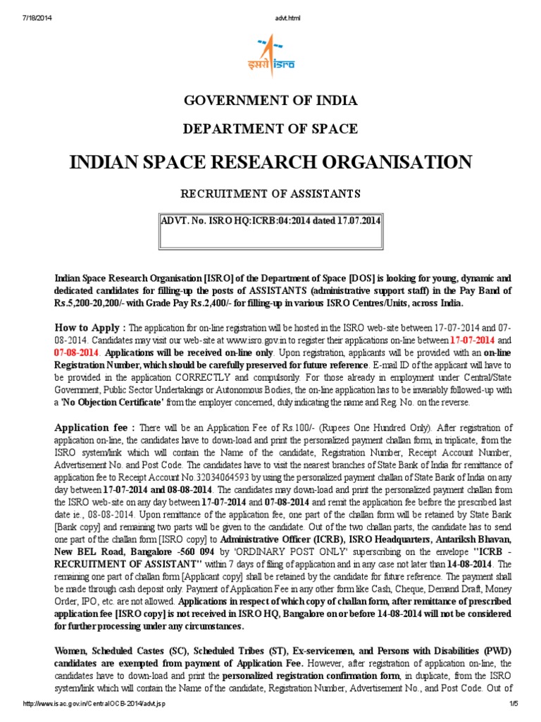 ISRO 233 Assistants AD 2014 | PDF