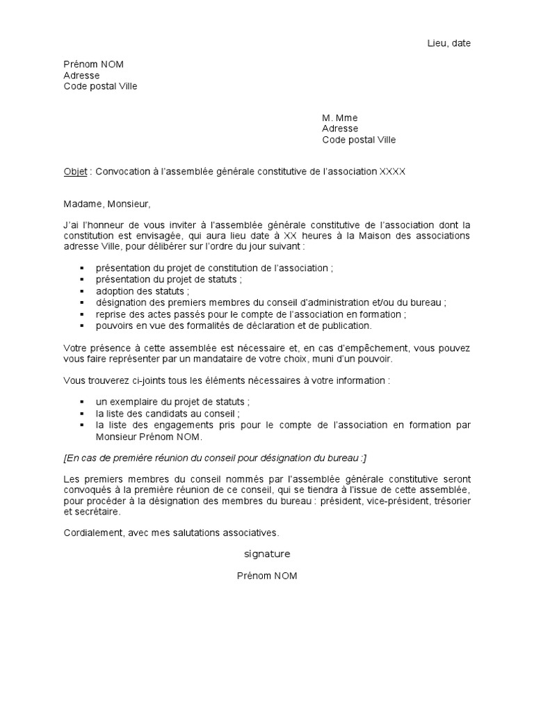 Exemple de Convocation AG Constitutive de L Association PDF