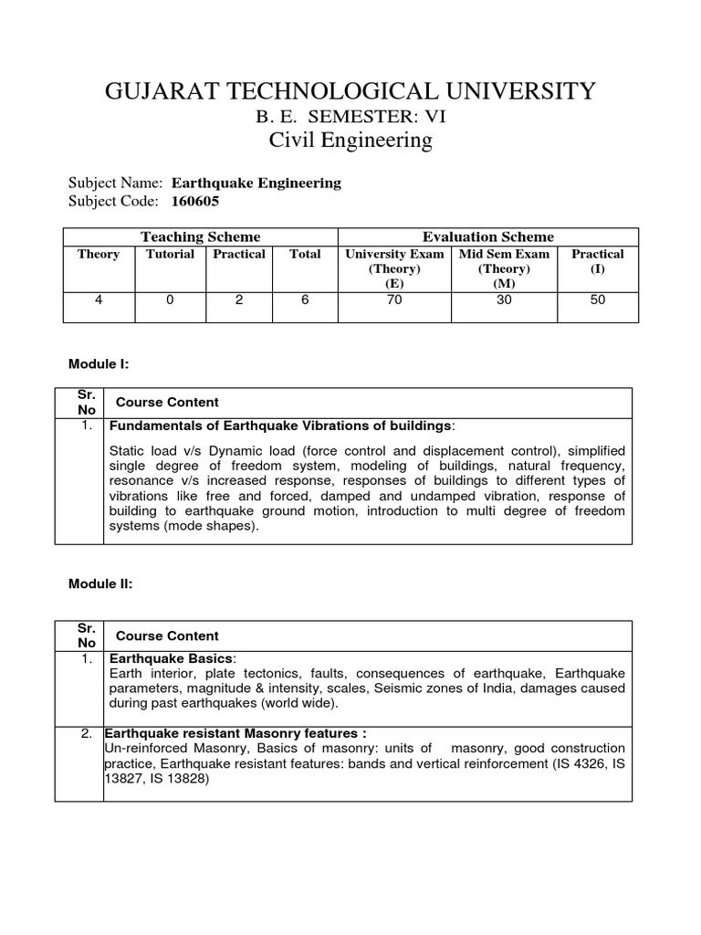 Earthquake Engineering GTU Syllabus PDF Earthquake Engineering 