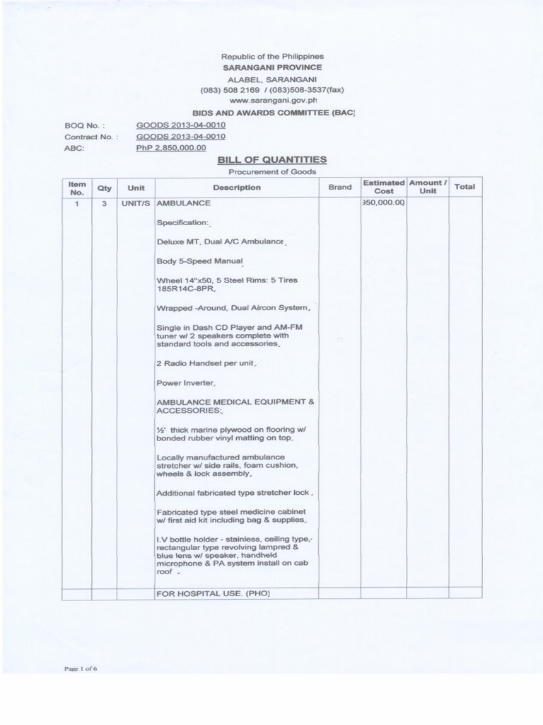 Bill of Quantities 2013