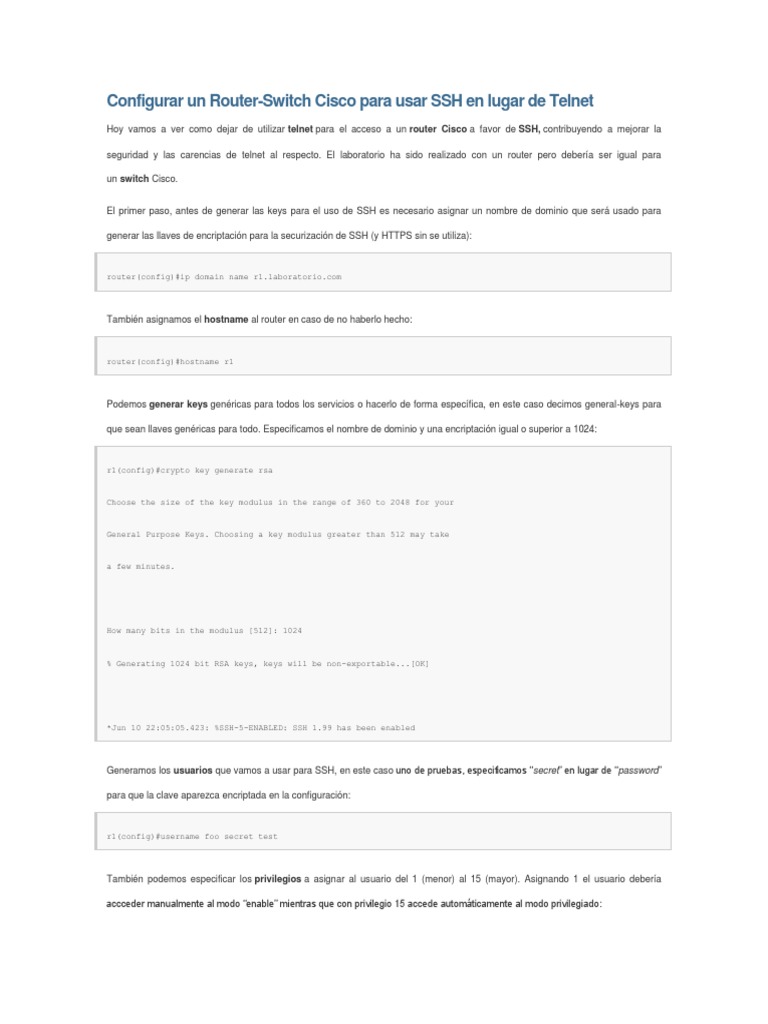 Configurar Un Router-Switch Cisco para Usar SSH en Lugar de Telnet | PDF |  Protocolos de internet | Redes de computadoras