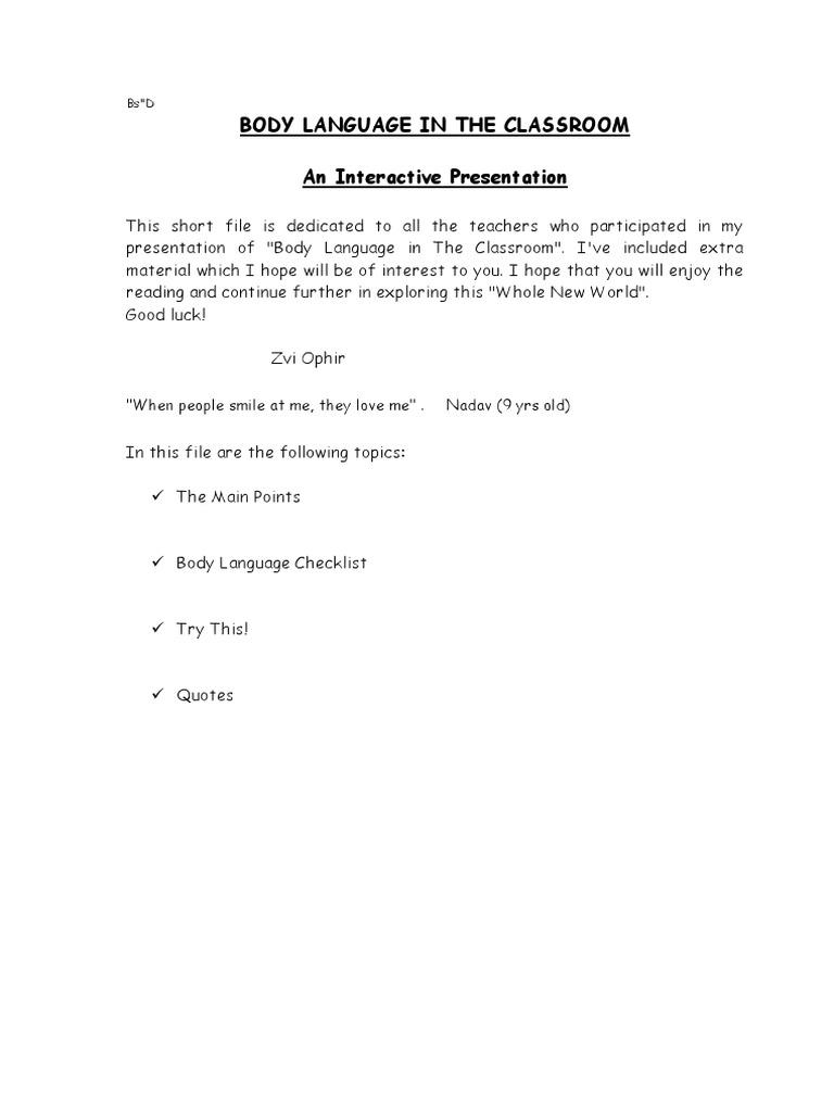 Body Language in The Classroom PDF Nonverbal Communication Body