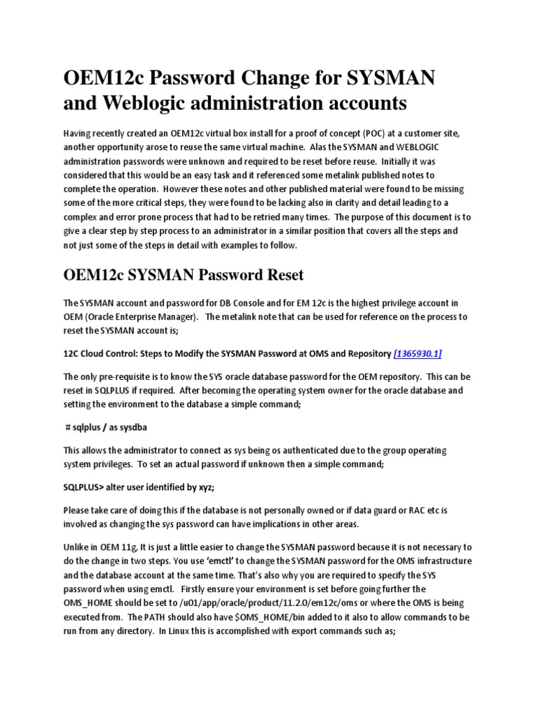 OEM12c Reset Admin Passwords PDF Password Command Line Interface