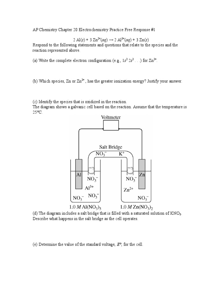 AP Chemistry Chapter 20 Electrochemistry Practice Free Response 1