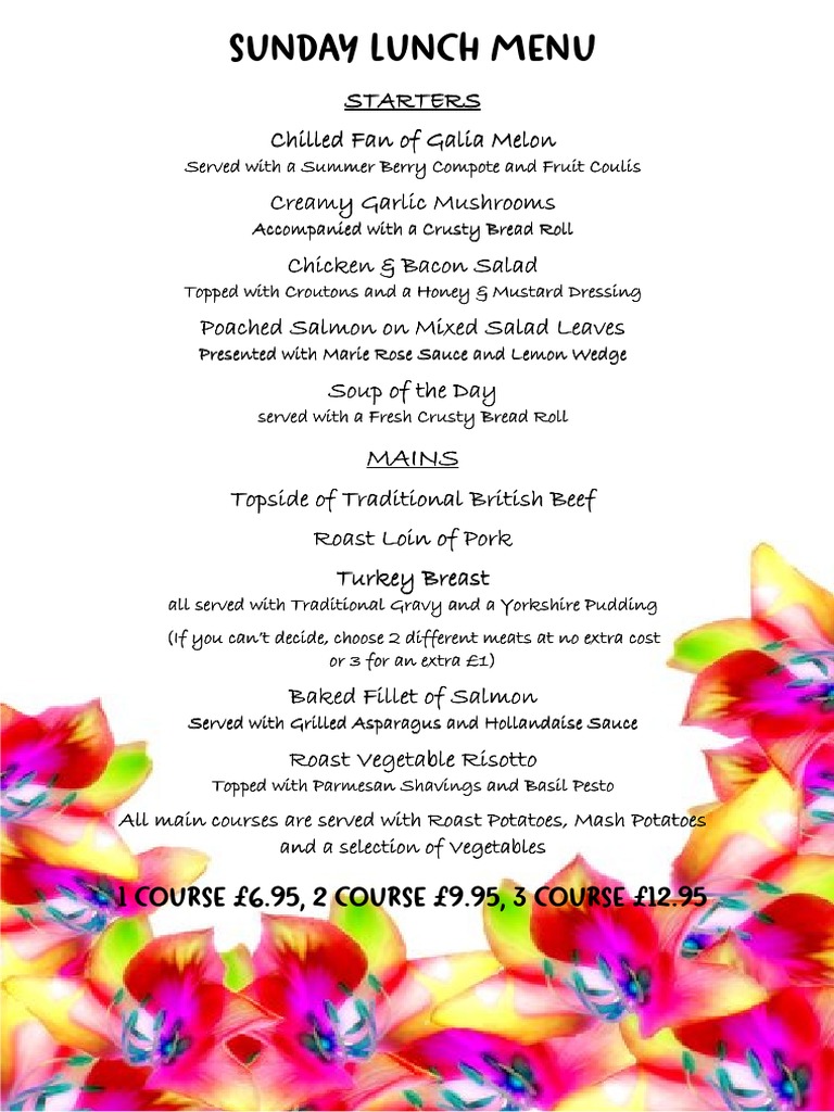 Sunday Lunch Menu with Starters & Desserts | PDF | Roasting | Salad