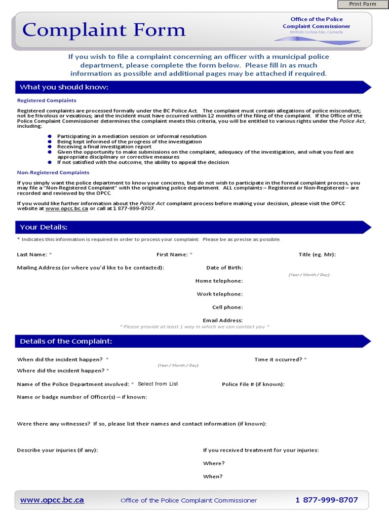 Printable Complaint Form | PDF