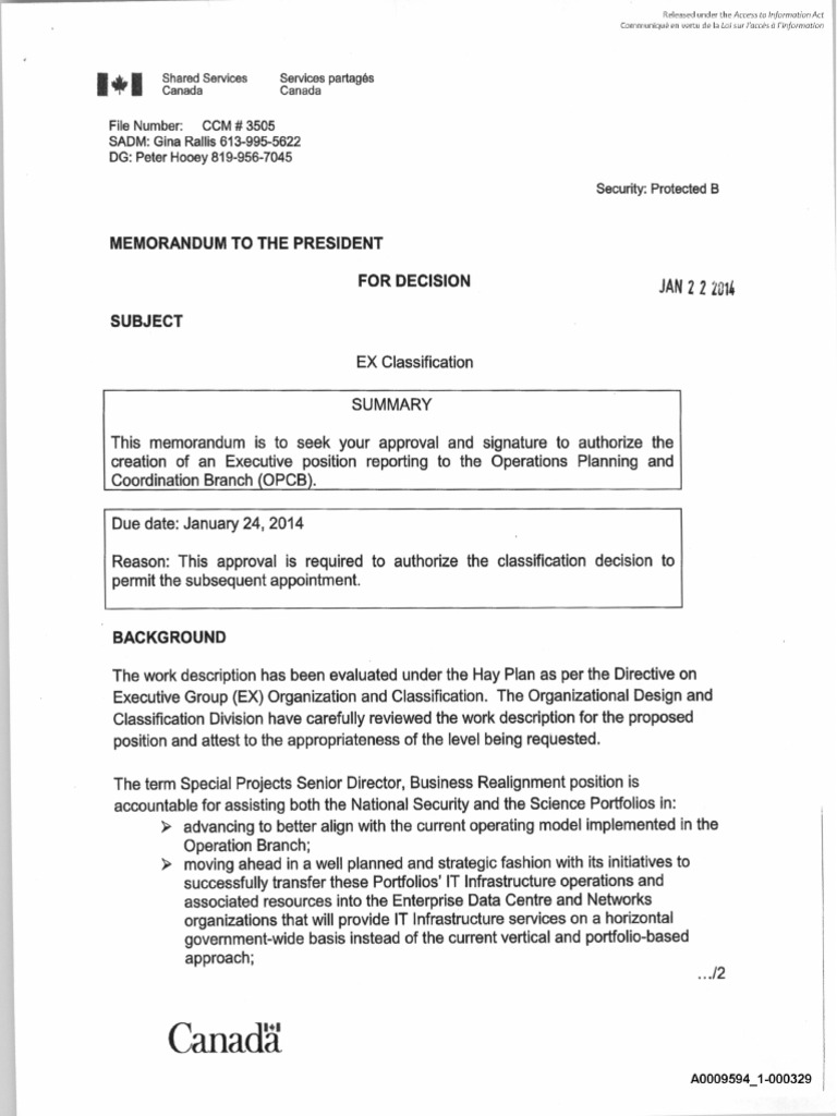 Shared Services Canada briefing note on IT systems