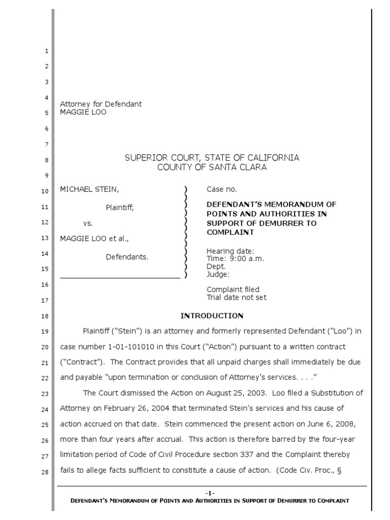 Memo Points & Authorities, Demurrer Breach of Contract PDF