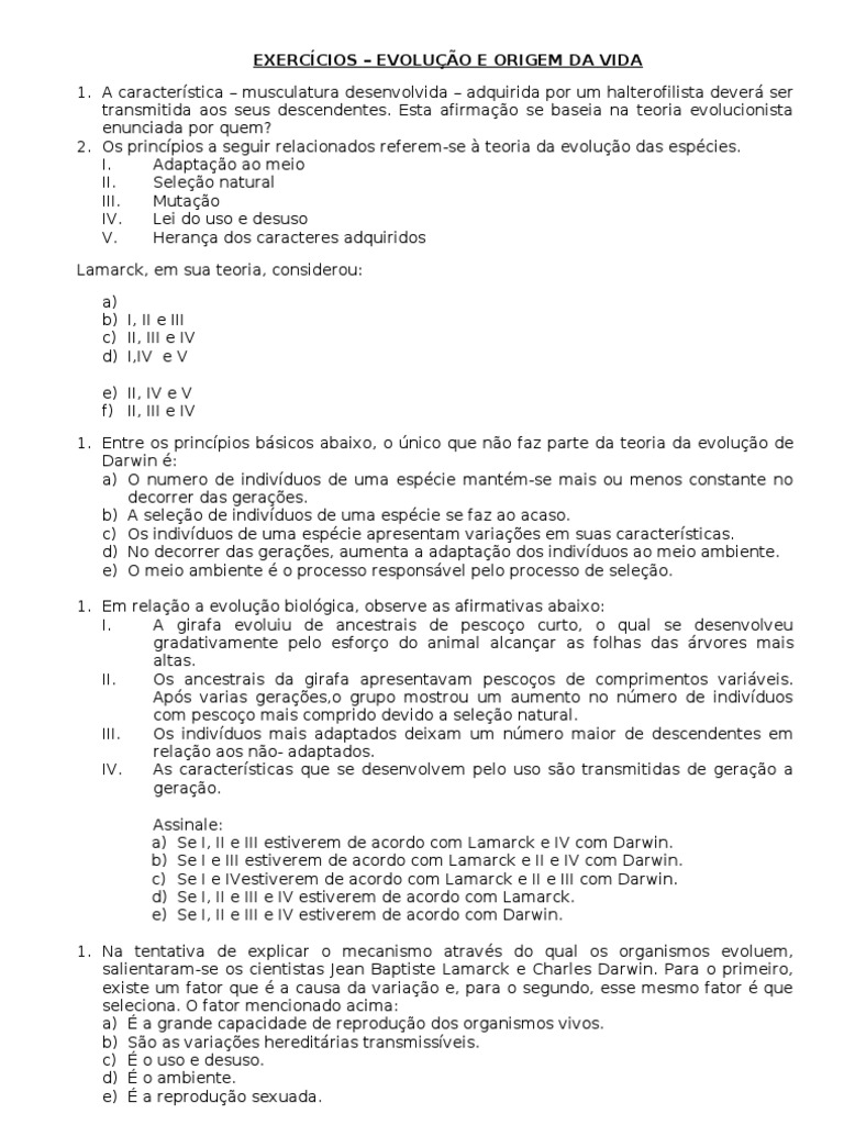Exercícios Origem e Evolução | PDF | Evolução | Seleção natural