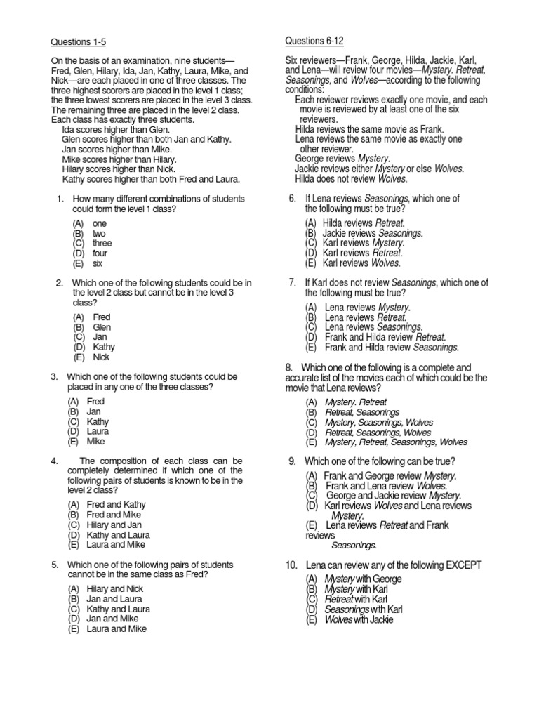 CriticalThinking Tutorial 4 (LSAT Reasoning Puzzles) | PDF | Leisure