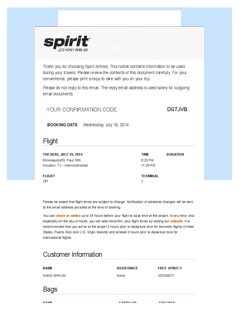 Spirit Airlines Booking Confirmation | PDF | Aviation | Transport