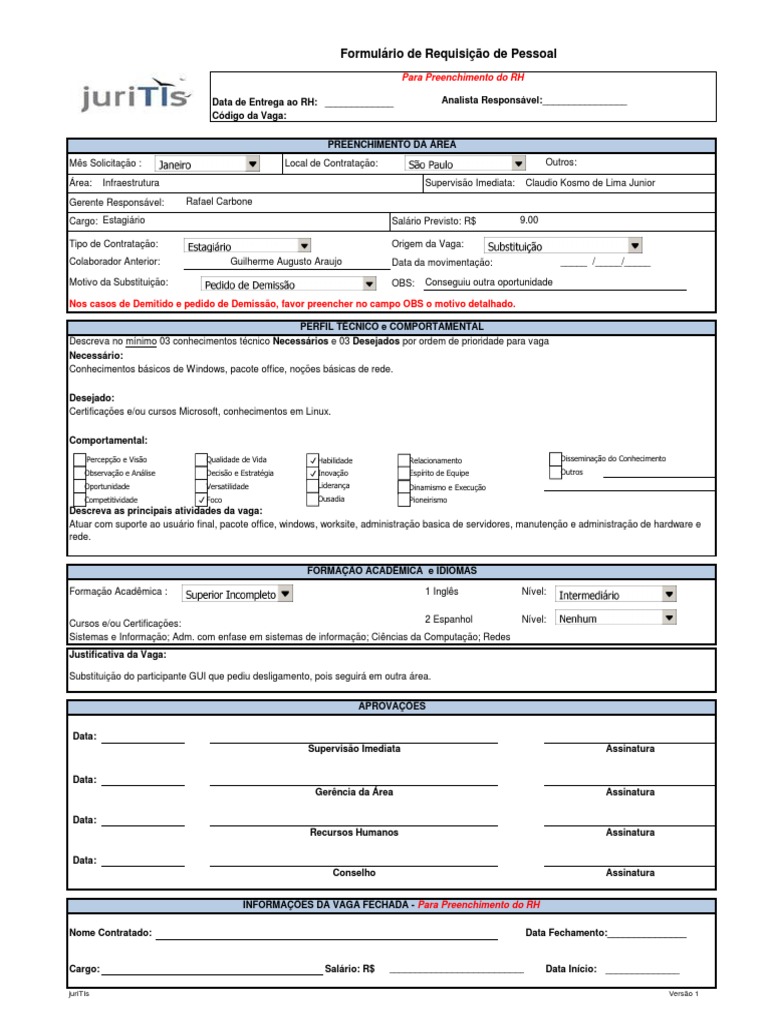 MODELO - Formulário de Requisição de Pessoal - Estagiário 