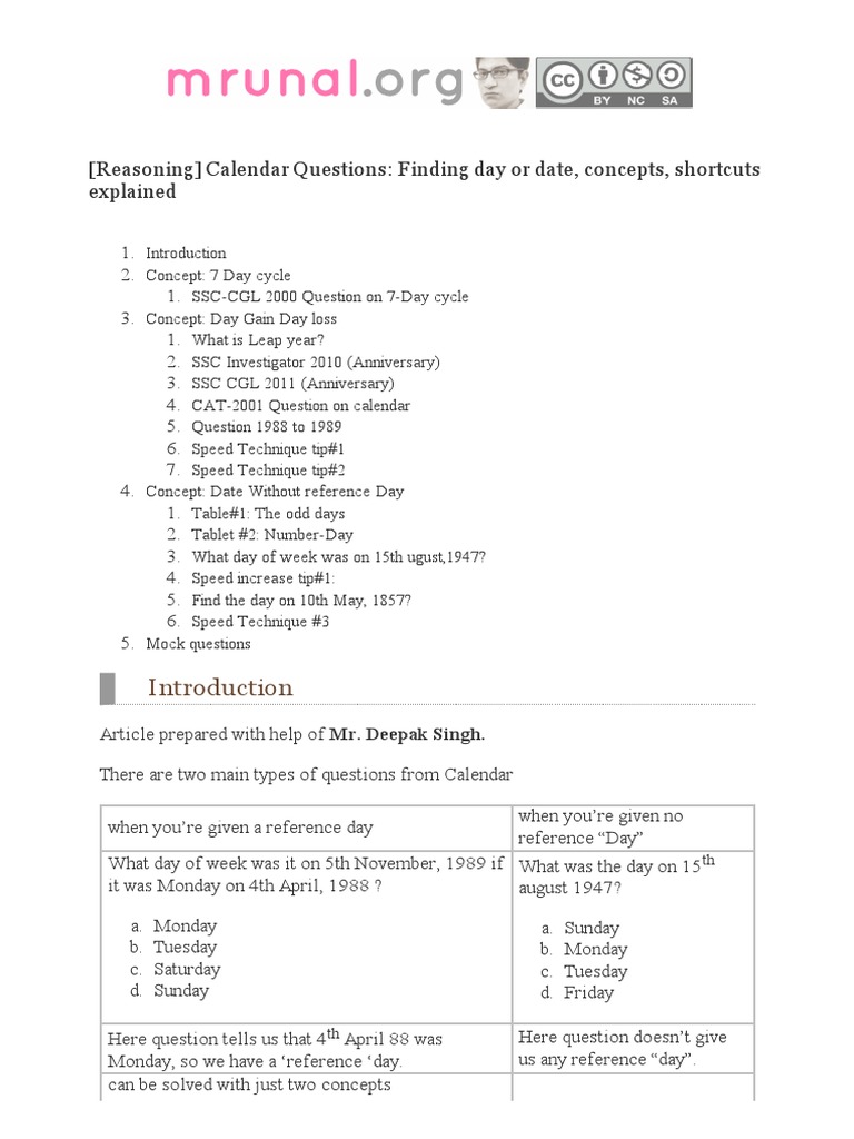 Mrunal (Reasoning) Calendar Questions - Finding Day or Date, Concepts ...