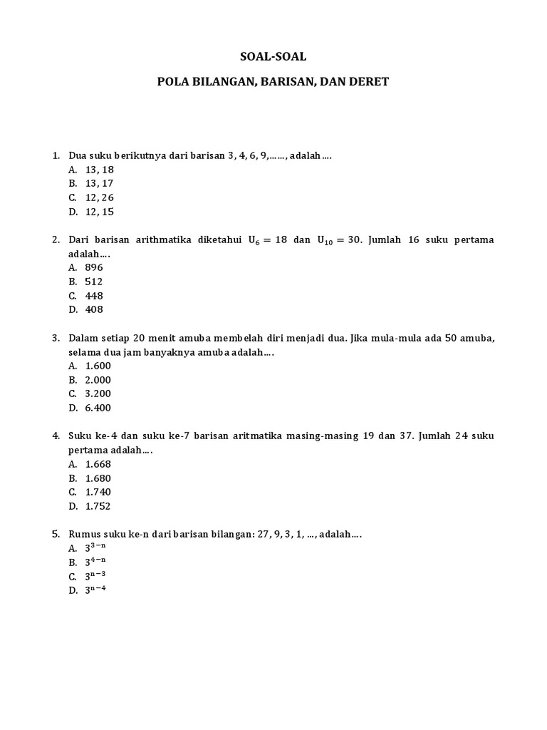 Soalsoal Pola Bilangan, Barisan, dan Deret