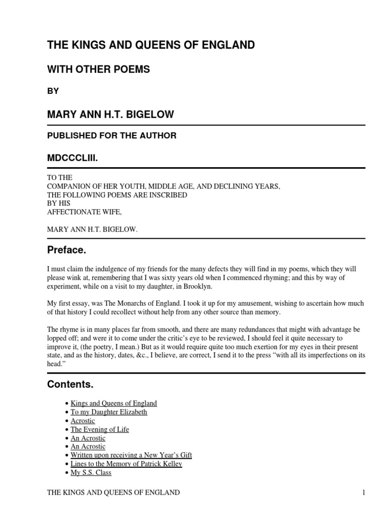 The Kings and Queens of England With Other Poems by Bigelow, Mary Ann H