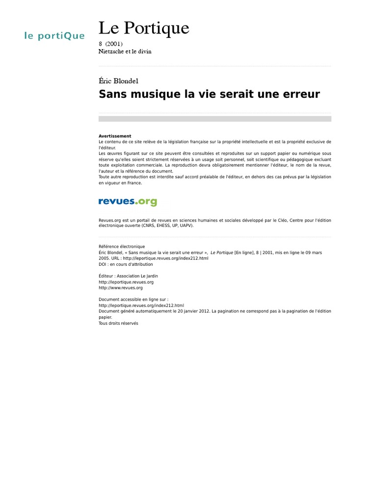 Eric Blondel Sans Musique La Vie Serait Une Erreur PDF Friedrich Nietzsche Arthur Schopenhauer