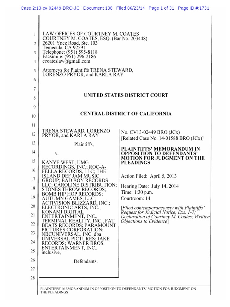 Opposition to Motion for Judgment on Pleadings Fair Use Demurrer