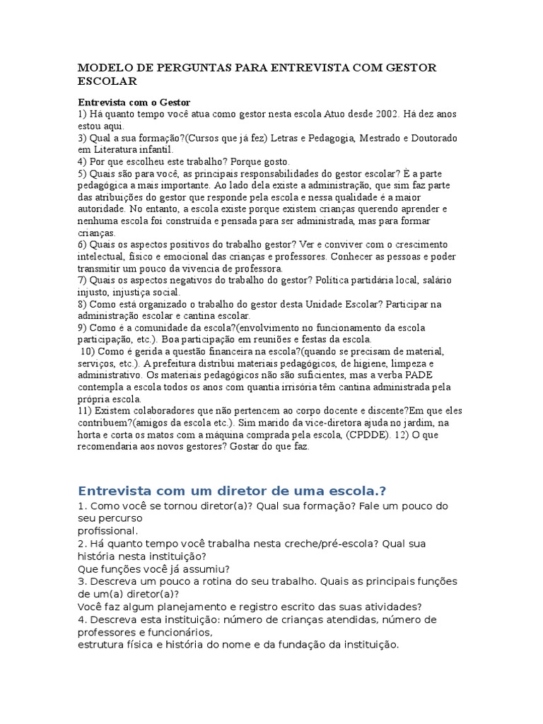 Modelo de Perguntas para Entrevista Com Gestor Escolar | PDF | Escolas ...